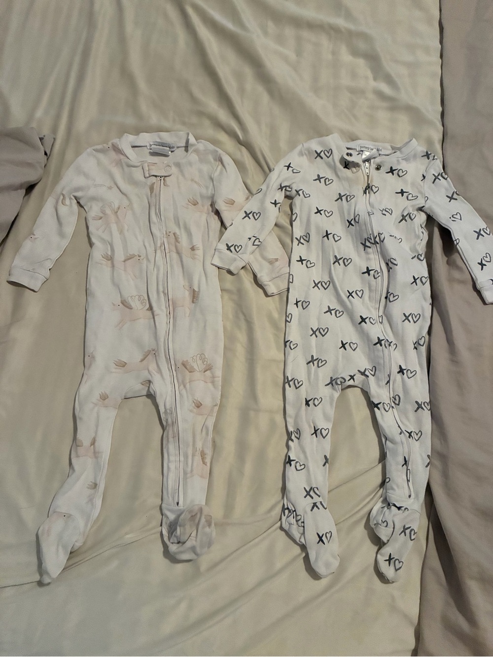 Pottery Barn Kids White Footed One-Piece Pajamas with Neutral Prints (Pair)